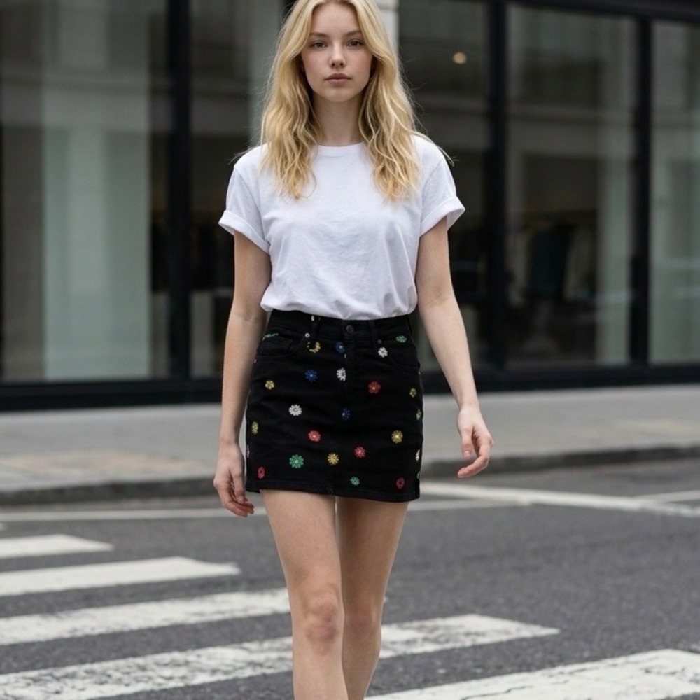 MOTHER The Vagabond Mini Skirt Fresh As A Daisy Black Embroidered Denim 24